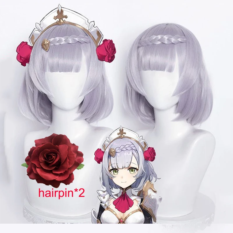 Парик для косплея Genshin Impact Noelle, 35 см, плетеный, короткий, серебристо-фиолетовый, парики для косплея из аниме, термостойкие синтетические парики, Хэллоуин
