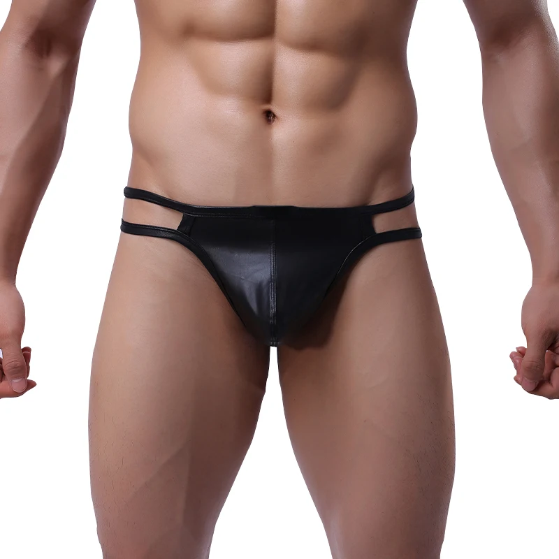Мужские стринги из искусственной кожи, черные тонги с мешочком для пениса, бандаж, джоки, сексуальное нижнее белье для мужчин, гей-трусы 2019