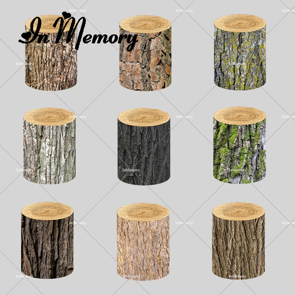 

9 Options Wood Bark Texture Round Cylinder Plinth Covers Background Elastic Polyster Customized Pedestal Cover