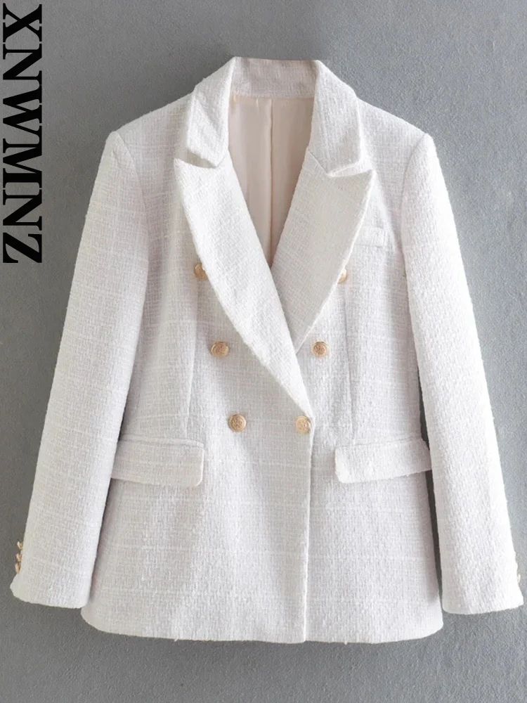 

XNWMNZ 2022 Women Fashion Jacket Double Breasted Tweed Check Blazer Coat Vintage Long Sleeve Pockets Female Chic Outerwear