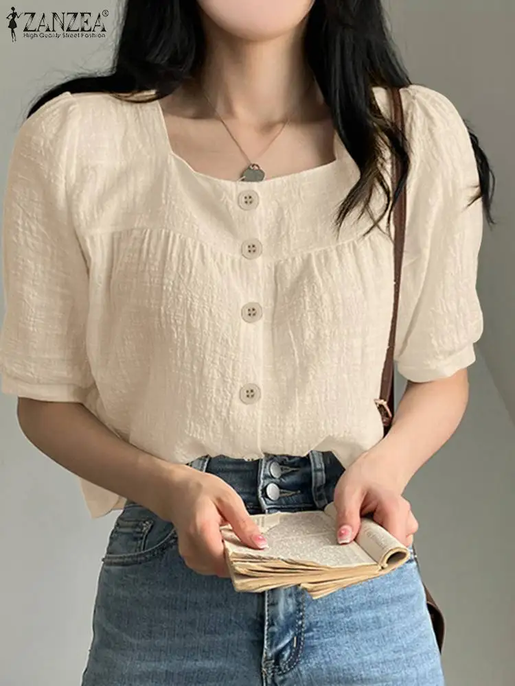 

ZANZEA Square Neck Short Puff Sleeve Tops Loose 2023 Fashion Buttons Solid Shirt Women Casual Korean Style Textured Tunic Blouse