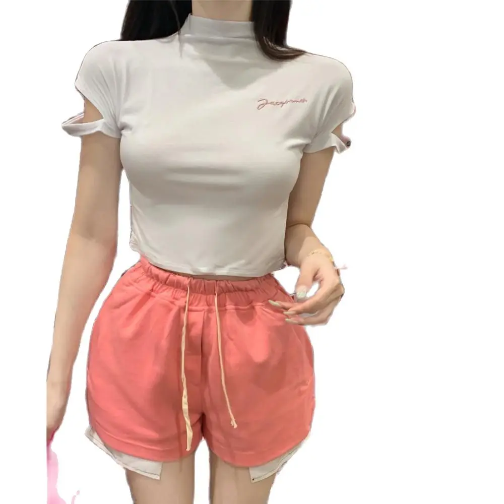 Tight Elastic Tops Sexy Knit T-shirt Short Sleeves Stand Collar Embroidery Loose Short Pants Two Pieces Women Set Elastic Waist
Tight Elastic Tops Sexy Knit T-shirt Short Sleeves Stand Collar Embroidery Loose Short Pants Two Pieces Women Set Elastic Waist