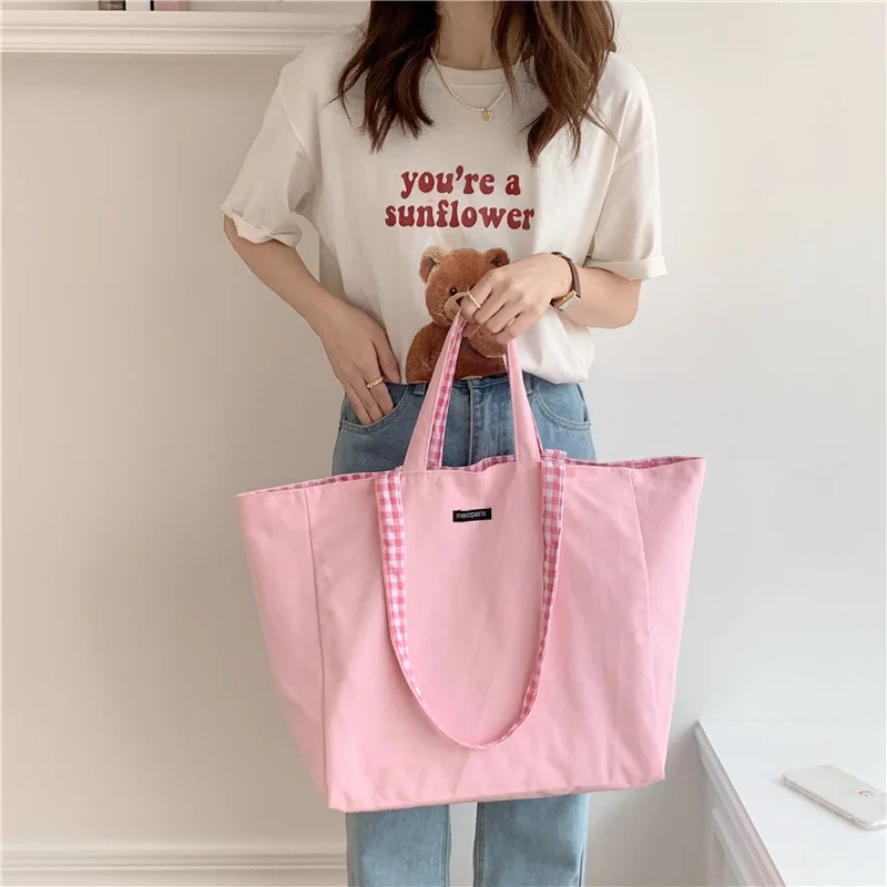 Women Canvas Shoulder Bags Plaid Double-side Large Capacity Handbags Female Shopping Portable Lazy All-match Foldable Tote Bag
Women Canvas Shoulder Bags Plaid Double-side Large Capacity Handbags Female Shopping Portable Lazy All-match Foldable Tote Bag