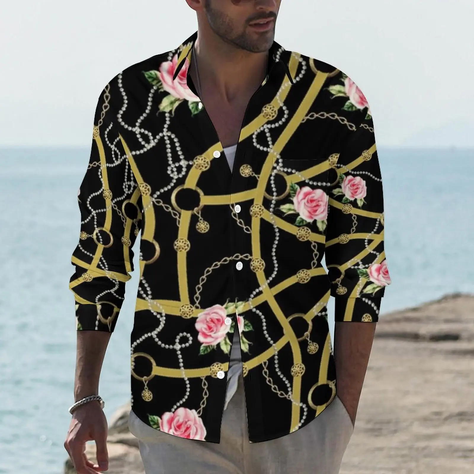 Golden Chains Shirt Pink Roses Print Casual Shirts Long Sleeve Pattern Y2K Blouses Spring Trending Oversize Top
Golden Chains Shirt Pink Roses Print Casual Shirts Long Sleeve Pattern Y2K Blouses Spring Trending Oversize Top