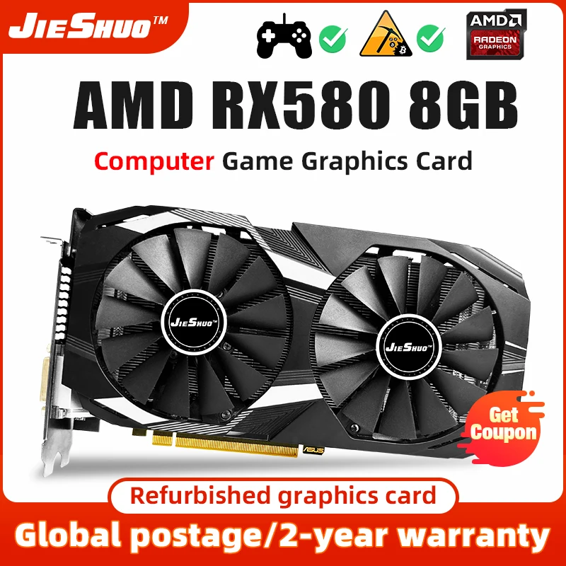 

JIESHUO AMD RX 580 8GB Gaming Graphics Card GDDR5 2304SP GPU 256bit PCI-E 3.0 RX580 8G 8Pin DP HDMI DVI Desktop Computer Video