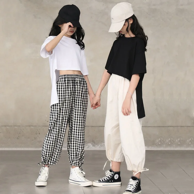 

2022 Summer Girls Clothes Children Set Teenager Kids Outfit Casual T-Shirt + Checked Plaid Long Pants 5 6 7 8 9 10 11 12 Year