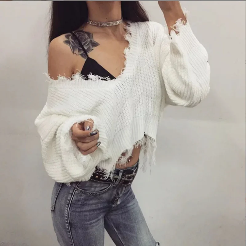 Женский свитер с бахромой, однотонный пуловер с v-образным вырезом, свободный универсальный сексуальный свитер с дырками, осень-зима 2022 
Женский свитер с бахромой, однотонный пуловер с v-образным вырезом, свободный универсальный сексуальный свитер с дырками, осень-зима 2022