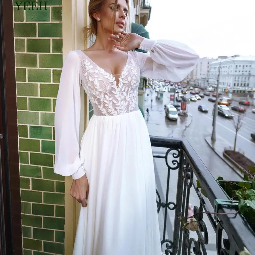 YEEH Boho Puffy Sleeves Wedding Dress Beach Lace Appliques Robe Mariee Chiffon Illusion Low Back Court Train Vestido De Novia
YEEH Boho Puffy Sleeves Wedding Dress Beach Lace Appliques Robe Mariee Chiffon Illusion Low Back Court Train Vestido De Novia