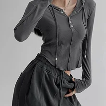 Crop Tops Women T-shirts Hooded Sweatshirt Long Sleeve Tees Y2k Clothes Korean Casual Woman Tshirts Poleron Mujer