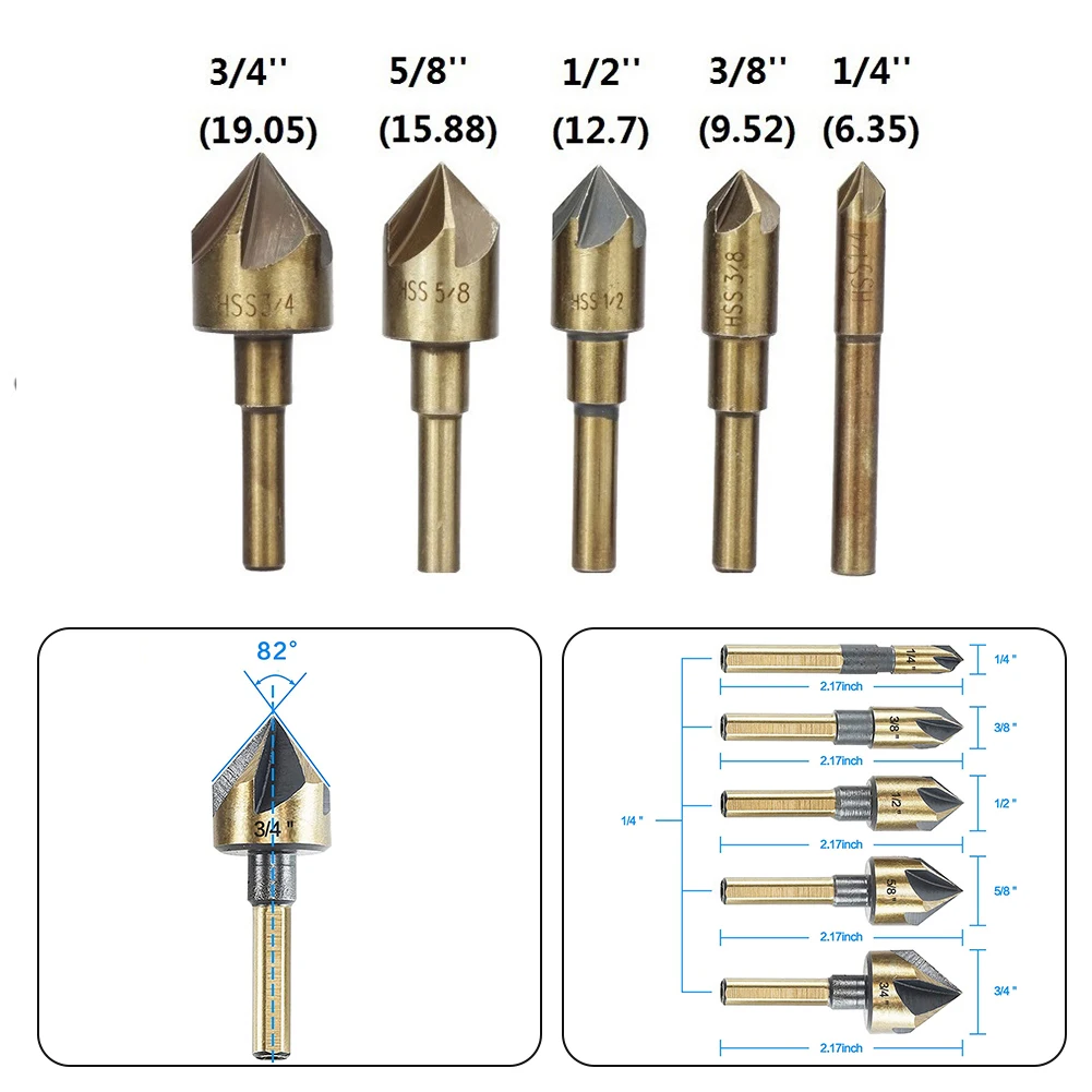 5Pcs Countersink Drill Bit HSS 82 Degree 5 Flute 6mm Round Shank Mill Cutter Bit Five-blade Chamferer Round Handle Inch
5Pcs Countersink Drill Bit HSS 82 Degree 5 Flute 6mm Round Shank Mill Cutter Bit Five-blade Chamferer Round Handle Inch