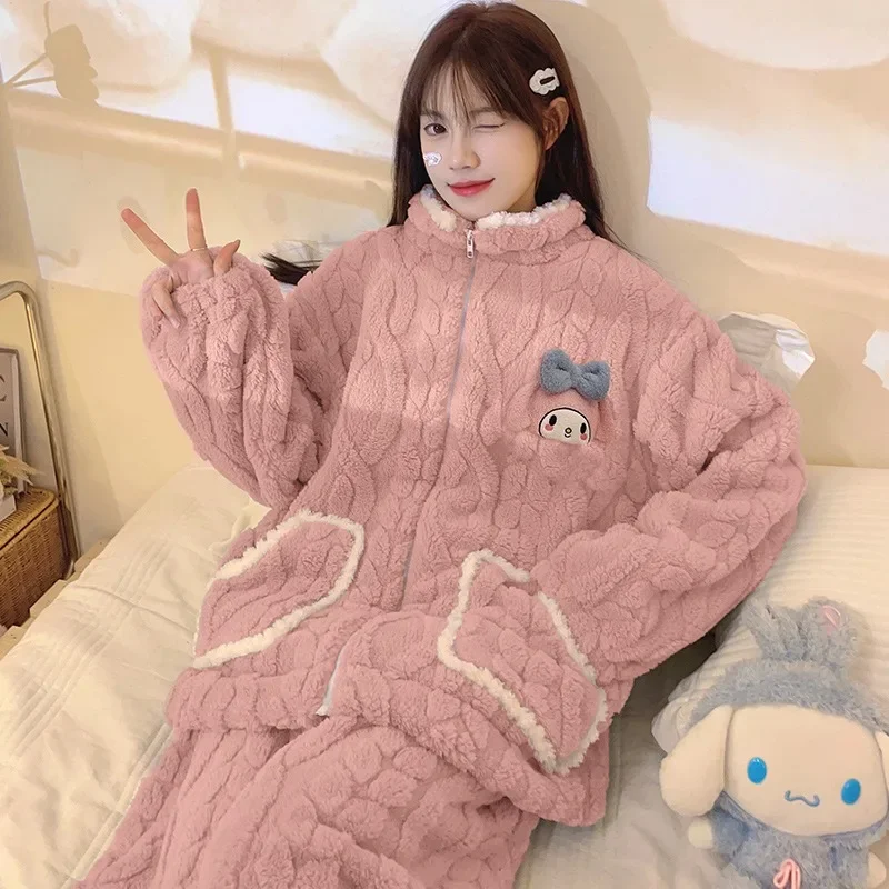

Anime MyMelody Sanrio Kawaii Plush Pajama New Cinnamoroll Kuromi Cute Winter Flannel Warm Homelike Coat Set Birthday Girl Gift