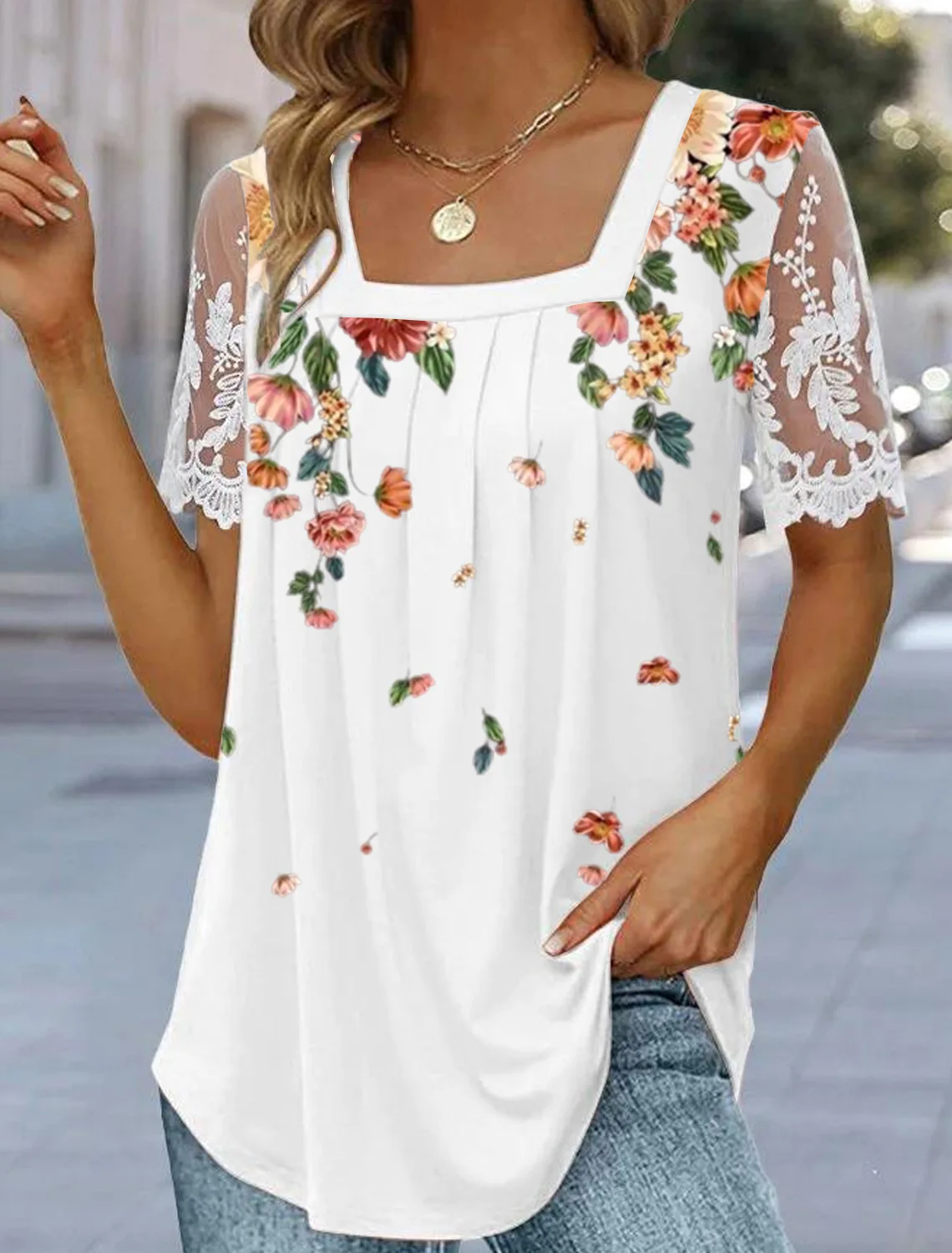 Women's Pleated Square Neck Printed Patchwork Lace Sleeve T-Shirt Fashion Female & Lady Casual Versatile Short Sleeved Top
Women's Pleated Square Neck Printed Patchwork Lace Sleeve T-Shirt Fashion Female & Lady Casual Versatile Short Sleeved Top