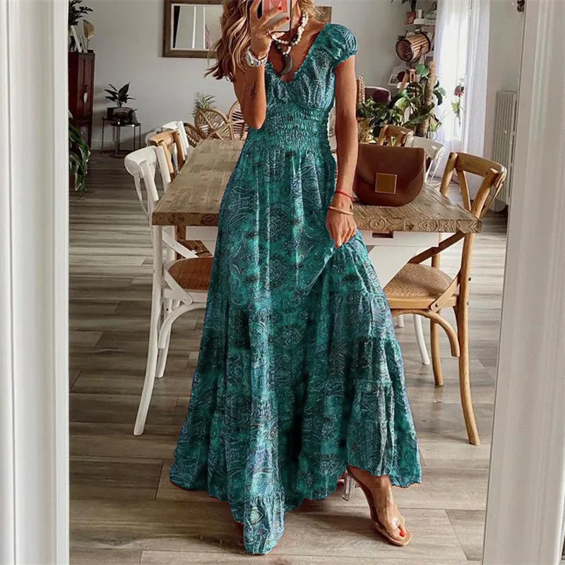 Women Floral Print Casual Dress Summer Elegant V-neck Pleated Vintage Bohemian Maxi Dresses Female Big Swing Holiday Long Dress
Women Floral Print Casual Dress Summer Elegant V-neck Pleated Vintage Bohemian Maxi Dresses Female Big Swing Holiday Long Dress