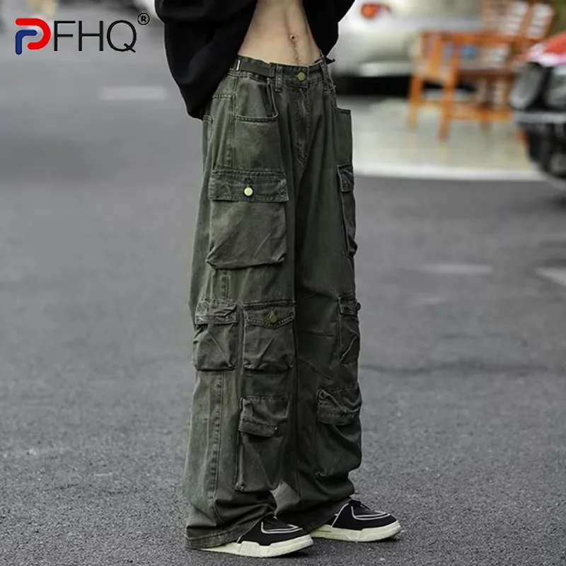 

PFHQ 2023 Trendy Straight Many Pockets Cargo Pants High Quality Street Men's Overalls Wide Leg Trousers Spring Male Stylish New