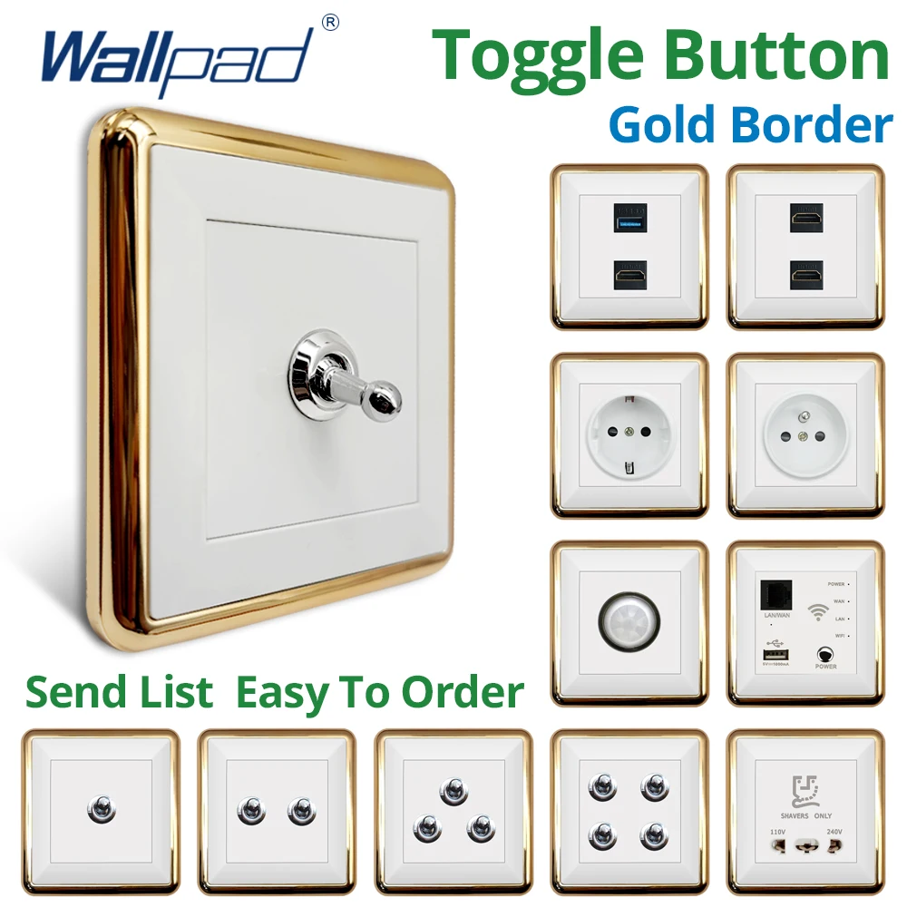 

Wallpad Silver Toggle Button Gold Border Wall EU Electrical Outlets And 1/2/3/4 Gang 2 Way Light Switches HDMI USB3.0 110 220V