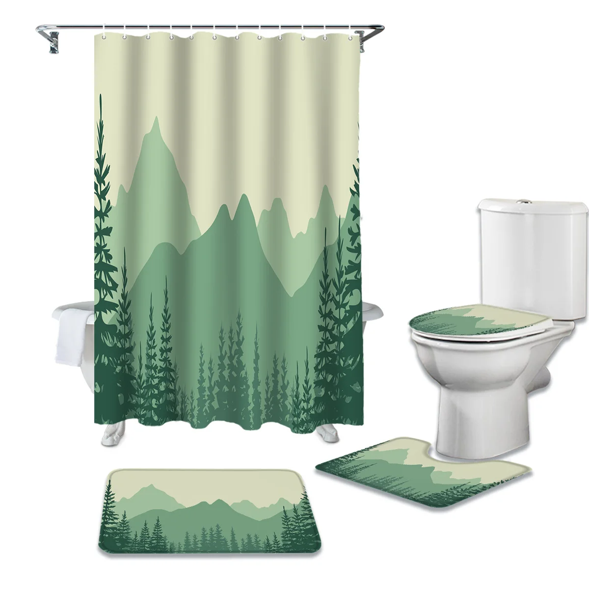 Зеленые лесные деревья, дневная душевая занавеска, набор ковров для ванной, крышка для унитаза, напольные коврики, аксессуары для ванной ком... 
Зеленые лесные деревья, дневная душевая занавеска, набор ковров для ванной, крышка для унитаза, напольные коврики, аксессуары для ванной ком...