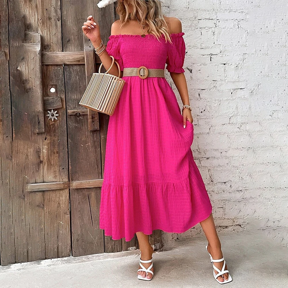 Women Summer Dress Off-Shoulder Ruched Ruffle Sleeve Dress Ladies Summer Hot Pink Slim Fit Holiday Streetwear Beach Dress
Women Summer Dress Off-Shoulder Ruched Ruffle Sleeve Dress Ladies Summer Hot Pink Slim Fit Holiday Streetwear Beach Dress