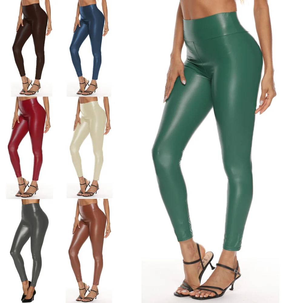 

2023 Leather Pants Leggings High Waist Women Sexy Elastic Skinny Push Up Leggings Stretch Jeggings High Rise Leggings Green Pant