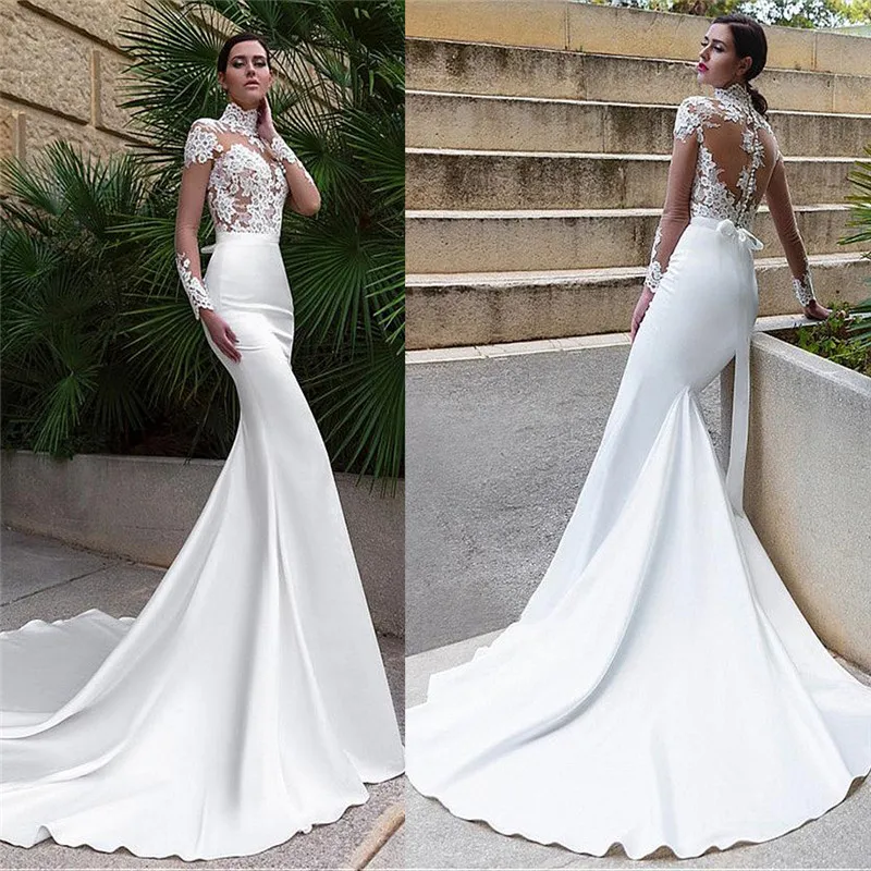 Gorgeous Long Sleeves Mermaid Wedding Dresses 2023 High Neck Lace Appliques Bridal Gowns For Bride Robe De Mariée Sweep Train
Gorgeous Long Sleeves Mermaid Wedding Dresses 2023 High Neck Lace Appliques Bridal Gowns For Bride Robe De Mariée Sweep Train