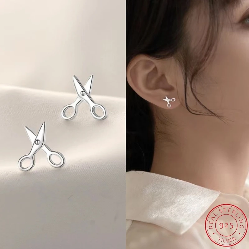 

S925 Sterling Silver Cute Scissors Stud Earrings for Women Korea Senior Piercing New Fashion Jewelry Wedding Gift