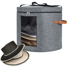 Dustproof Hat Storage Box with Zippered Lid Clear Window Adjustable Shoulder Strap 18.9in Felt Round Pop Up Box for Hat Clothes