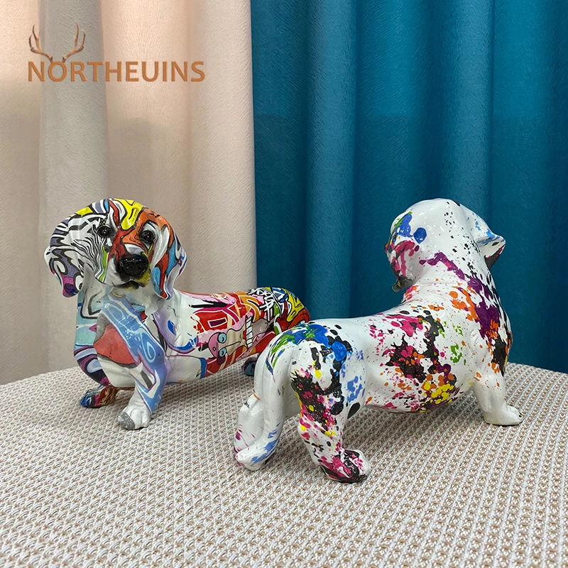 

NORTHEUINS Resin Colorful Dachshund Dog Figurines Graffiti Art Animal Statue Home Office Desktop Decor Item Interior Decorations