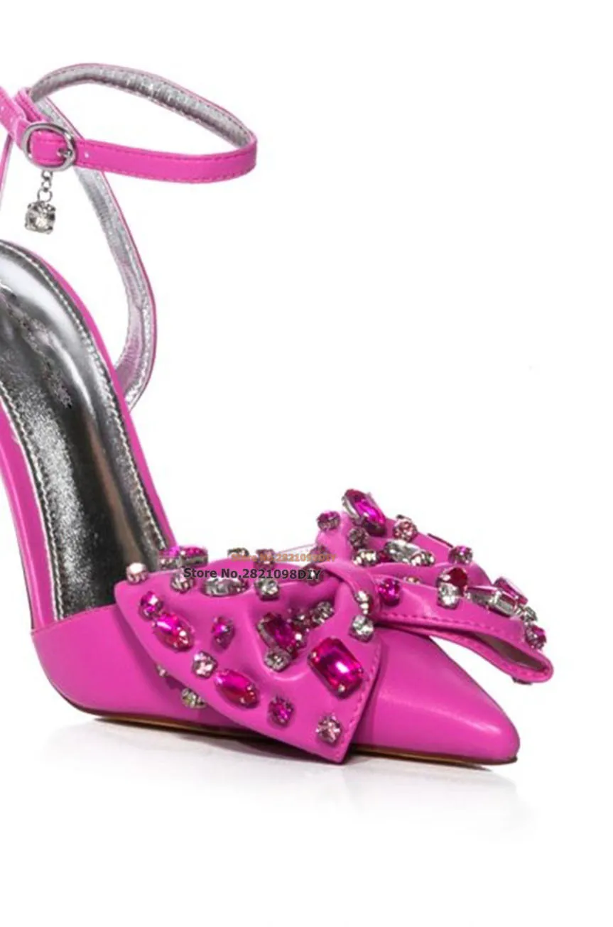 

Розовые туфли-лодочки с большим бантом и кристаллами, цвет фуксия, закрытый заостренный носок, тонкий высокий каблук, блестящие ремешки на щиколотке, Женская Классическая обувь
