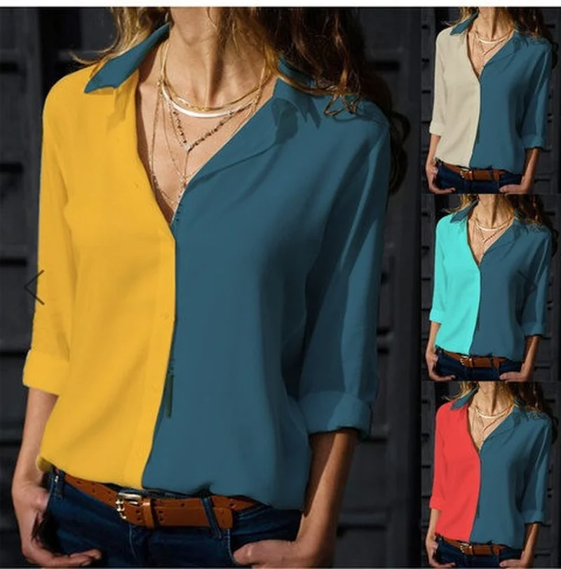 Blouse Women V-neck Large Size Chiffon Shirt Cardigan Fashion Splicing Single-breasted Long Sleeve Spring Slender Tenafeicc
Blouse Women V-neck Large Size Chiffon Shirt Cardigan Fashion Splicing Single-breasted Long Sleeve Spring Slender Tenafeicc