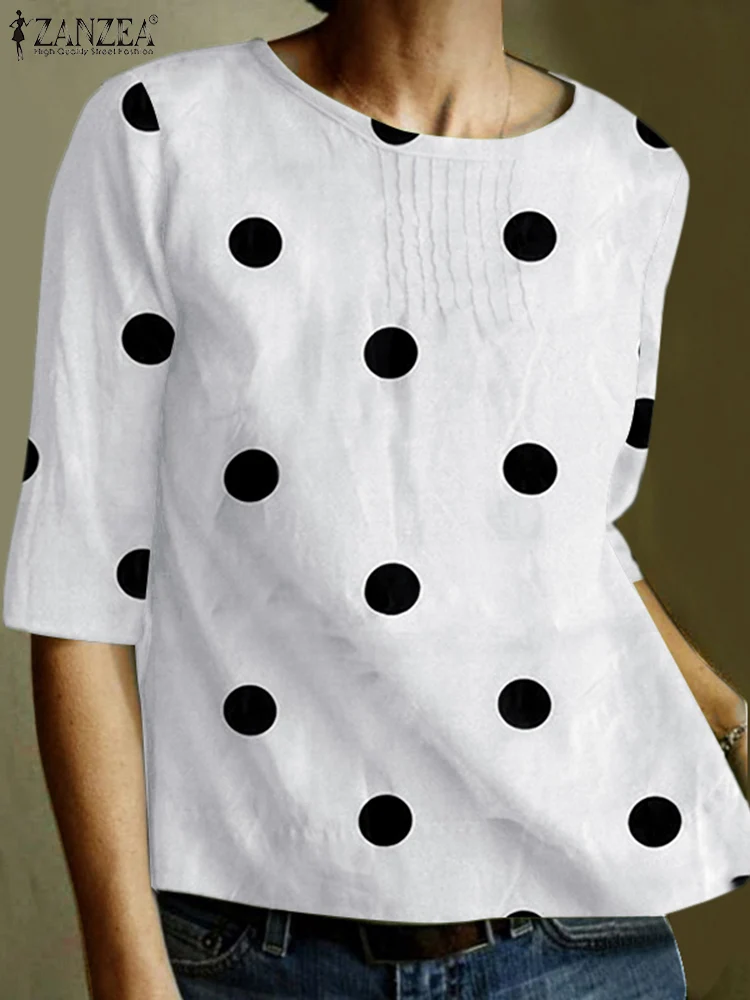 

Модная женская блузка ZANZEA в горошек с круглым вырезом и рукавом до локтя, летняя рубашка, повседневные свободные праздничные топы, богемные ...