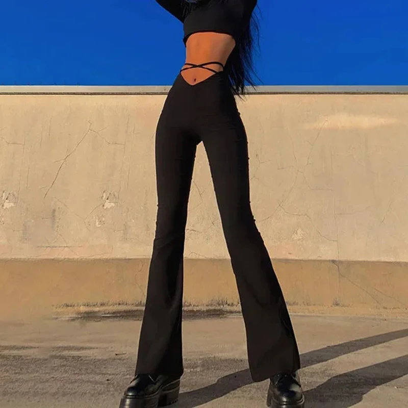 Black High Waist Bodycon Flare Pants Women Sexy Cross Bandage Wide Leg Pants Woman Y2K Skinny Elastic Long Trousers 2022
Black High Waist Bodycon Flare Pants Women Sexy Cross Bandage Wide Leg Pants Woman Y2K Skinny Elastic Long Trousers 2022