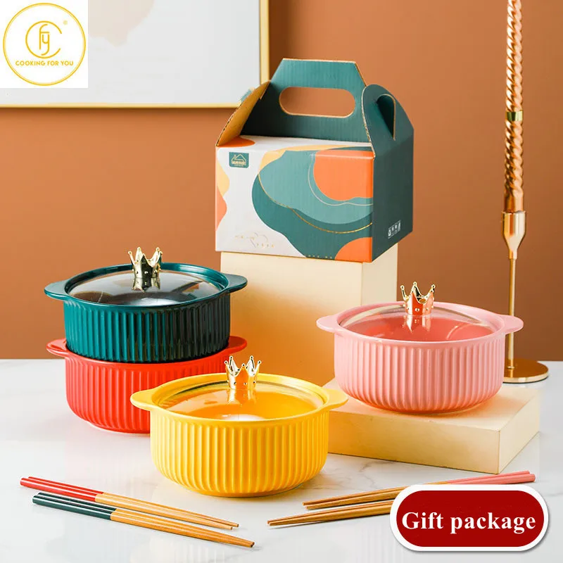 Gift Package 1pcs Ceramic Double Ear Bowl Set with Chopsticks and Glass Cover Lunch Dishes Soup Ramen Dessert Bowl Tableware
Gift Package 1pcs Ceramic Double Ear Bowl Set with Chopsticks and Glass Cover Lunch Dishes Soup Ramen Dessert Bowl Tableware