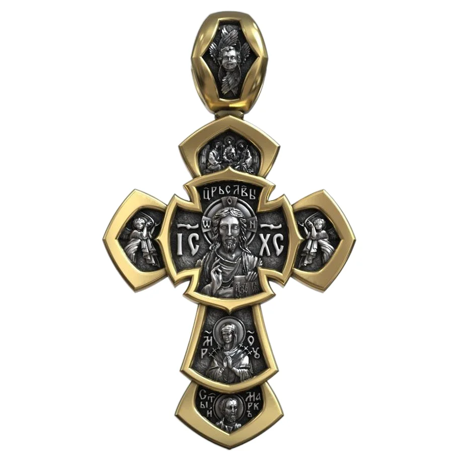 

14g Jesus Christ Gilding Cross Saint George Victorious and Saints Religious Art Relief 925 Solid Sterling Silver Pendant