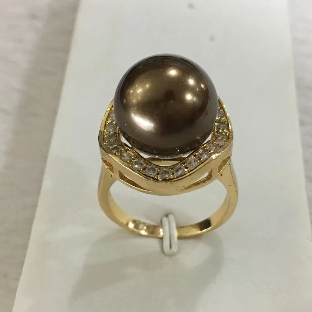 

New design lady's beautiful 18KGP inlay crystal 14mm brown shell pearl ring SIZE 6/7/8/9/10