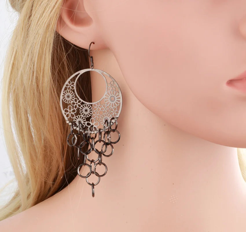 Black or White Big Filligree Disc Charms Multi Circles Linked Drop Chandelier Dangle Long Earrings For Women Girls Jewelry Aros | Украшения