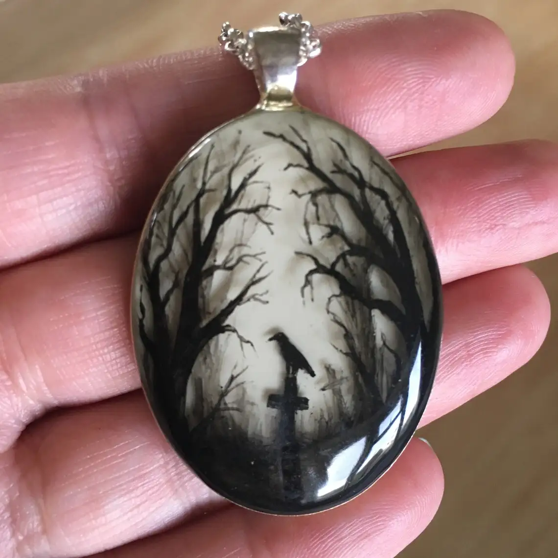 

Gloomy Wood Graveyard Hand Painted Oval Pendant, Gothic Diorama Necklace, Art Jewellery, Crow, Raven Necklace
