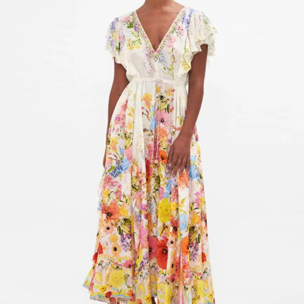 Elegant Temperament Sexy V-Neck Dress Women Spring Summer Butterfly Sleeve Drawstring Waist Flower Boho Beach Holiday Long Dress
Elegant Temperament Sexy V-Neck Dress Women Spring Summer Butterfly Sleeve Drawstring Waist Flower Boho Beach Holiday Long Dress
