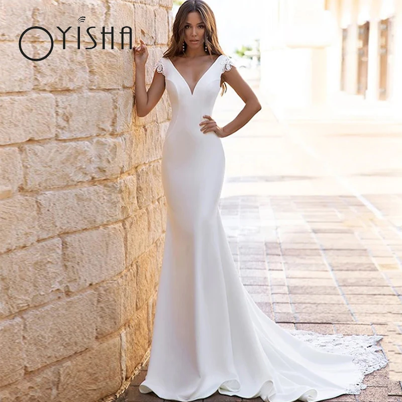 OYISHA Sexy V-Neck Wedding Dresses Elegant Backless Mermaid Satin Princess Bridal Gown Appliques Lace vestido de noiva For Women
OYISHA Sexy V-Neck Wedding Dresses Elegant Backless Mermaid Satin Princess Bridal Gown Appliques Lace vestido de noiva For Women