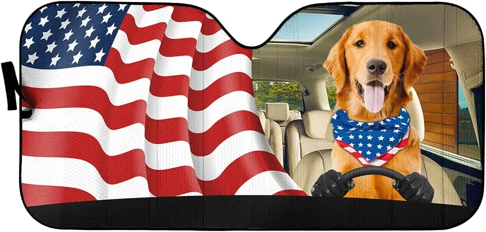 Golden Retriever Dog Driving Left Hand with America Flag Car Sunshade, Auto Sun Shade, Windshield Visor for UV Sun Block,
Golden Retriever Dog Driving Left Hand with America Flag Car Sunshade, Auto Sun Shade, Windshield Visor for UV Sun Block,