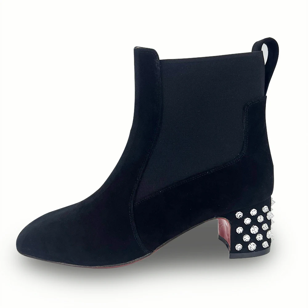 Black Calfskin Suede Leather Chelsea Boots Red Bottom Rivet Square Heels Slip on Ankle Boots Women Party Wedding Dress Shoes
Black Calfskin Suede Leather Chelsea Boots Red Bottom Rivet Square Heels Slip on Ankle Boots Women Party Wedding Dress Shoes