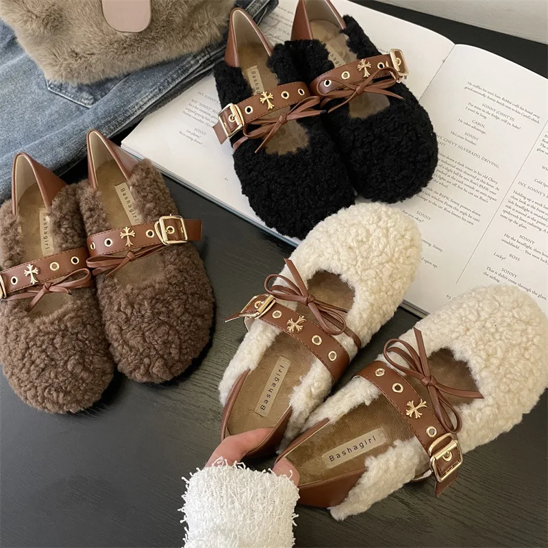 Bow-knot Round Head Women Shoes Fashion Winter Plush Mary Janes Buckle Strap Cover Heel Flats Slip-on Zapatos Mujer 
Bow-knot Round Head Women Shoes Fashion Winter Plush Mary Janes Buckle Strap Cover Heel Flats Slip-on Zapatos Mujer