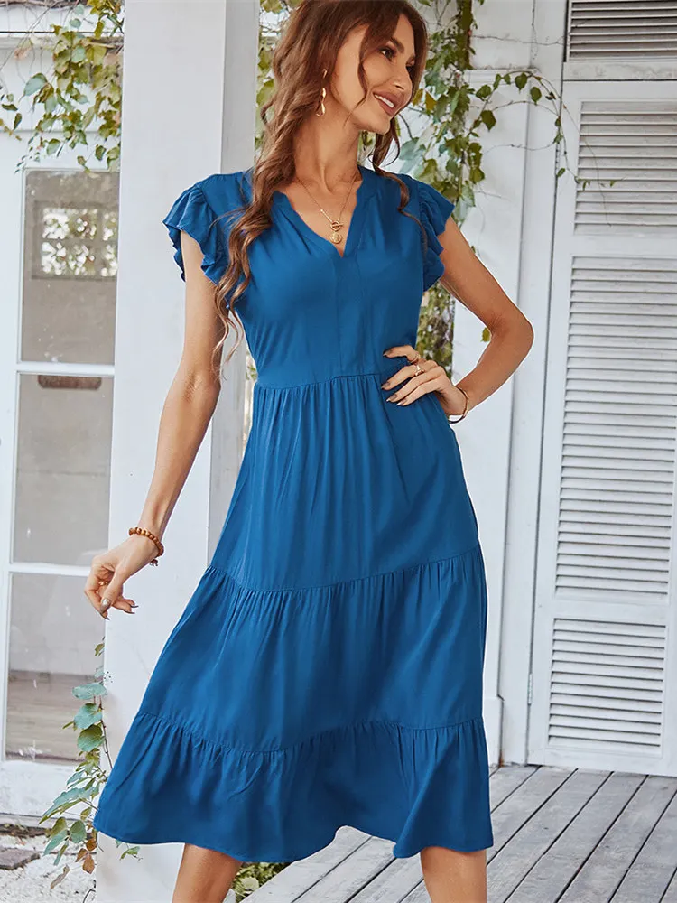 2022 New Women's Spring Summer Leisure Vacation A Line Dress V Neck Sexy Flying Sleeve Solid Color Dresses
2022 New Women's Spring Summer Leisure Vacation A Line Dress V Neck Sexy Flying Sleeve Solid Color Dresses