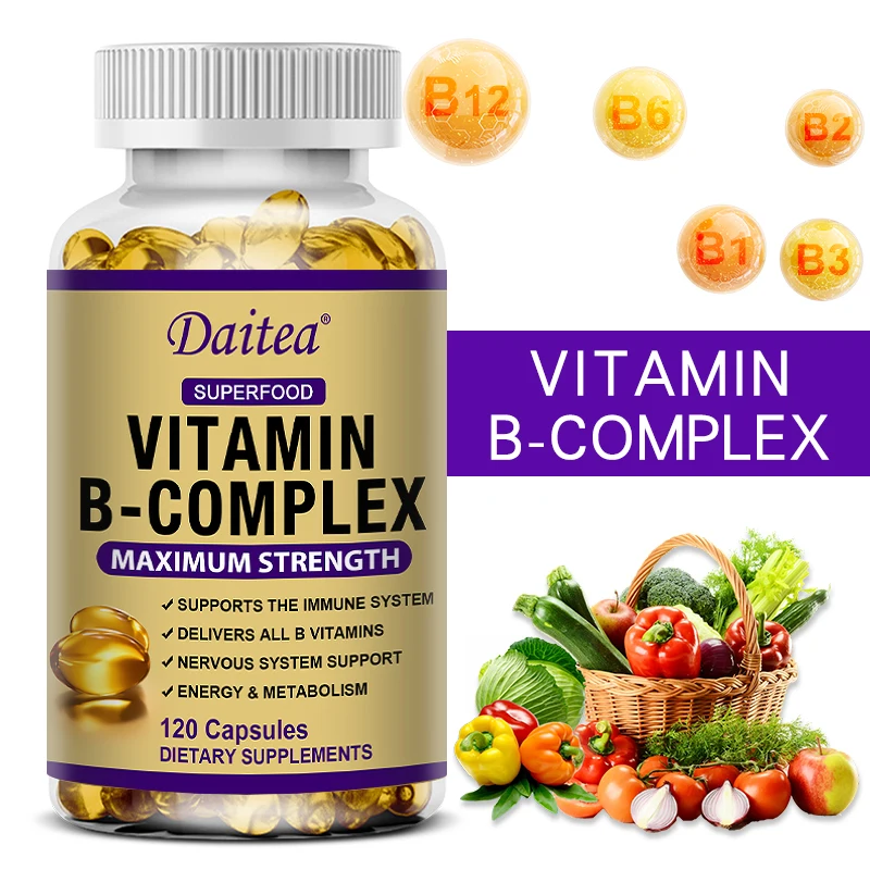 

B-комплексные витаминные добавки (B1, B2, B3, B6, B12, биотин, фолат) поддерживают здоровье мозга, сердца, энергии и нервной системы