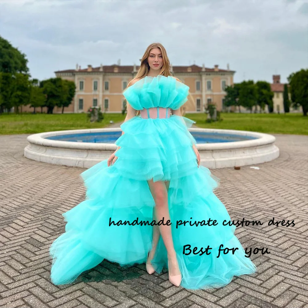 Aqua Green High Low Prom Party Dresses Tiered Pleats Tulle Strapless Celebrate Occasion Dress Customized Evening Party Gowns
Aqua Green High Low Prom Party Dresses Tiered Pleats Tulle Strapless Celebrate Occasion Dress Customized Evening Party Gowns