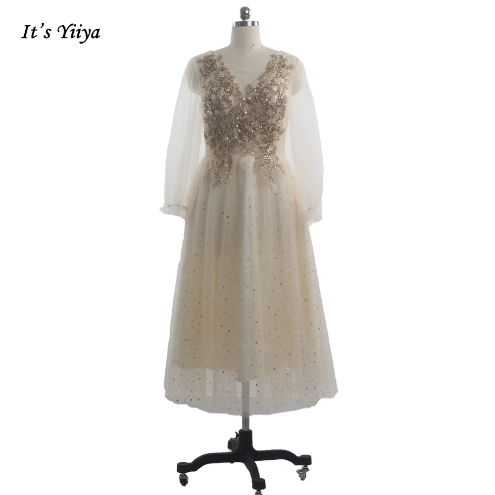 

It's Yiiya Illusion Party Dress V-Neck illusion Full Sleeves Sequined Beading Tulle Lace A-Line Champagne Lady Prom Dress E888