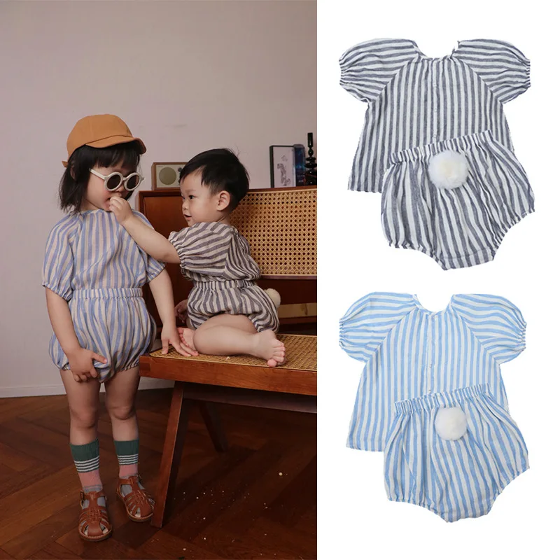 Детский летний комплект из топа с коротким рукавом и шортов, хлопковая льняная футболка в полоску для маленьких мальчиков и девочек, милые брюки с ягодицами, 2023 
Детский летний комплект из топа с коротким рукавом и шортов, хлопковая льняная футболка в полоску для маленьких мальчиков и девочек, милые брюки с ягодицами, 2023