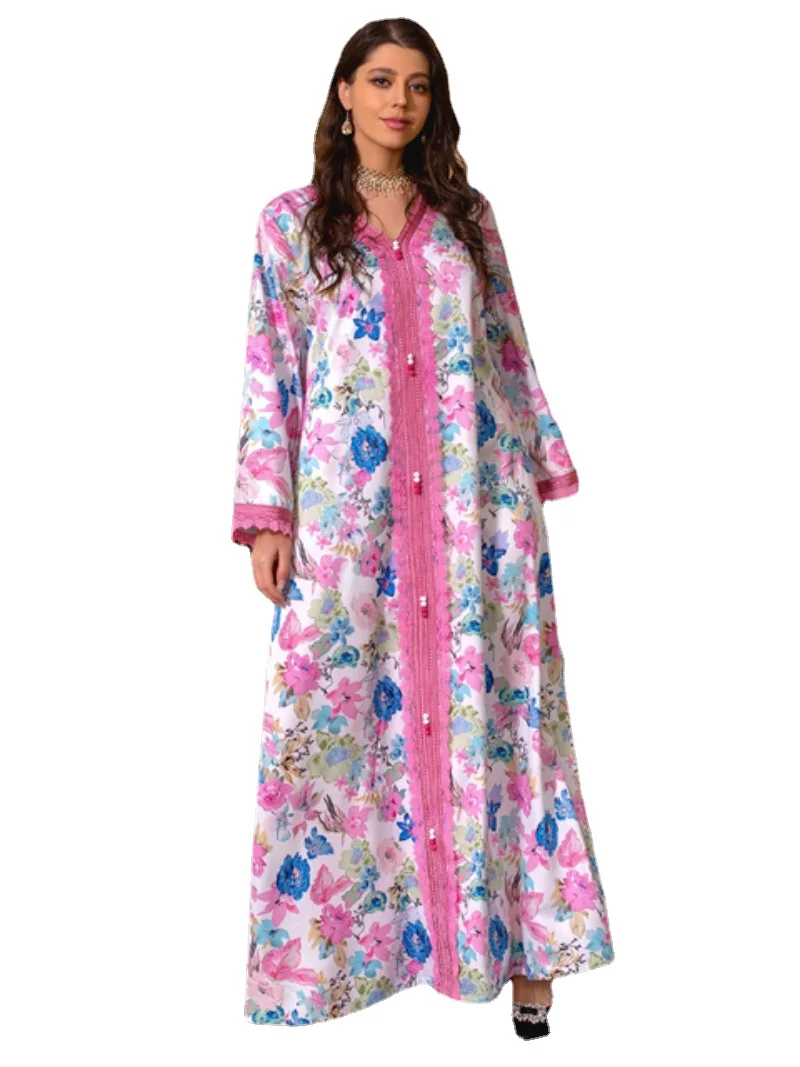 

Jalabiya For Women Floral Embroidery Guipure Lace Panel Hijabs Dress Ethnic Print Kaftan Dubai Luxury Modest Dresses Ramadan