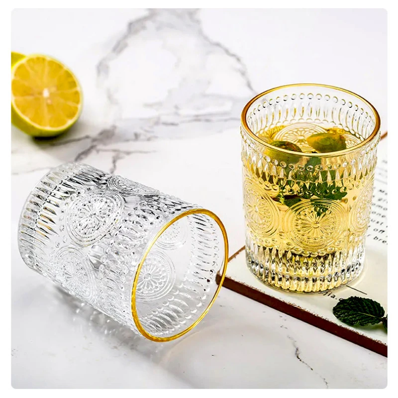 Nordic Style Retro Wine Glasses Embossed Gold Border Transparency Tumbler Round Sunflower Embossment Whiskey Drinking Glass Gift
Nordic Style Retro Wine Glasses Embossed Gold Border Transparency Tumbler Round Sunflower Embossment Whiskey Drinking Glass Gift