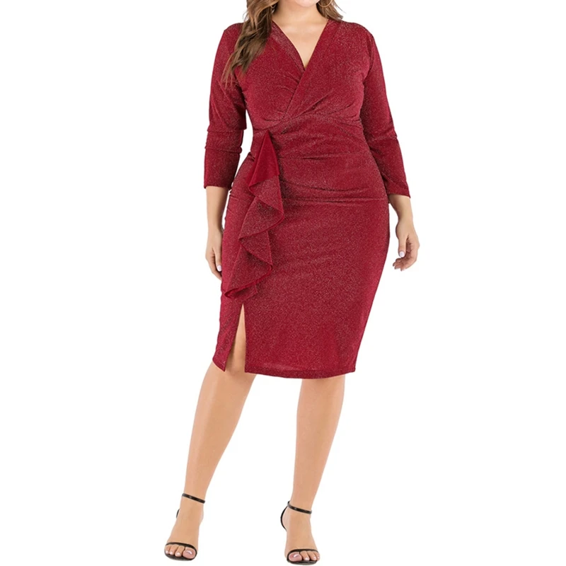 Women Plus Size 3/4 Sleeve Sexy Glitter Ruched Wrap V-Neck Bodycon Midi Long Pencil Dress Side Ruffled Split Hem Cocktail Party
Women Plus Size 3/4 Sleeve Sexy Glitter Ruched Wrap V-Neck Bodycon Midi Long Pencil Dress Side Ruffled Split Hem Cocktail Party