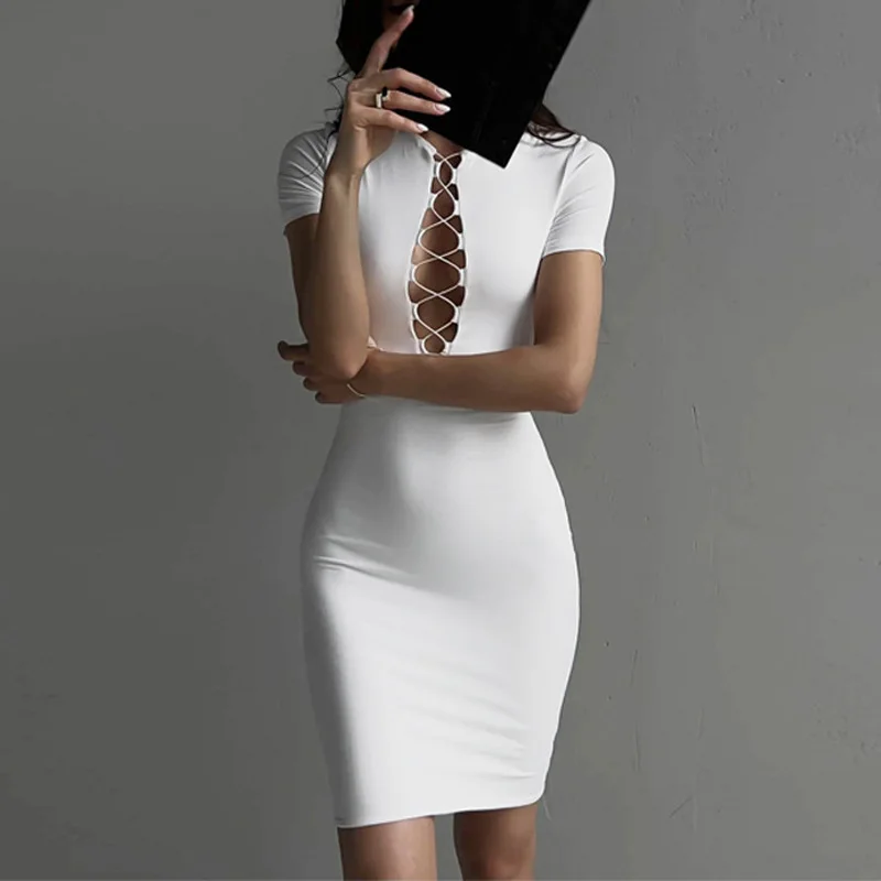 Chest hollowed out cross lace up slim fitting short skirt high waisted tight wrap hip skirt sexy short sleeved dress
Chest hollowed out cross lace up slim fitting short skirt high waisted tight wrap hip skirt sexy short sleeved dress