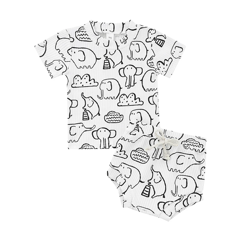 Костюм летний для маленьких девочек и мальчиков, футболка с коротким рукавом и круглым вырезом и шорты с эластичным поясом и принтом слона и... 
Костюм летний для маленьких девочек и мальчиков, футболка с коротким рукавом и круглым вырезом и шорты с эластичным поясом и принтом слона и...